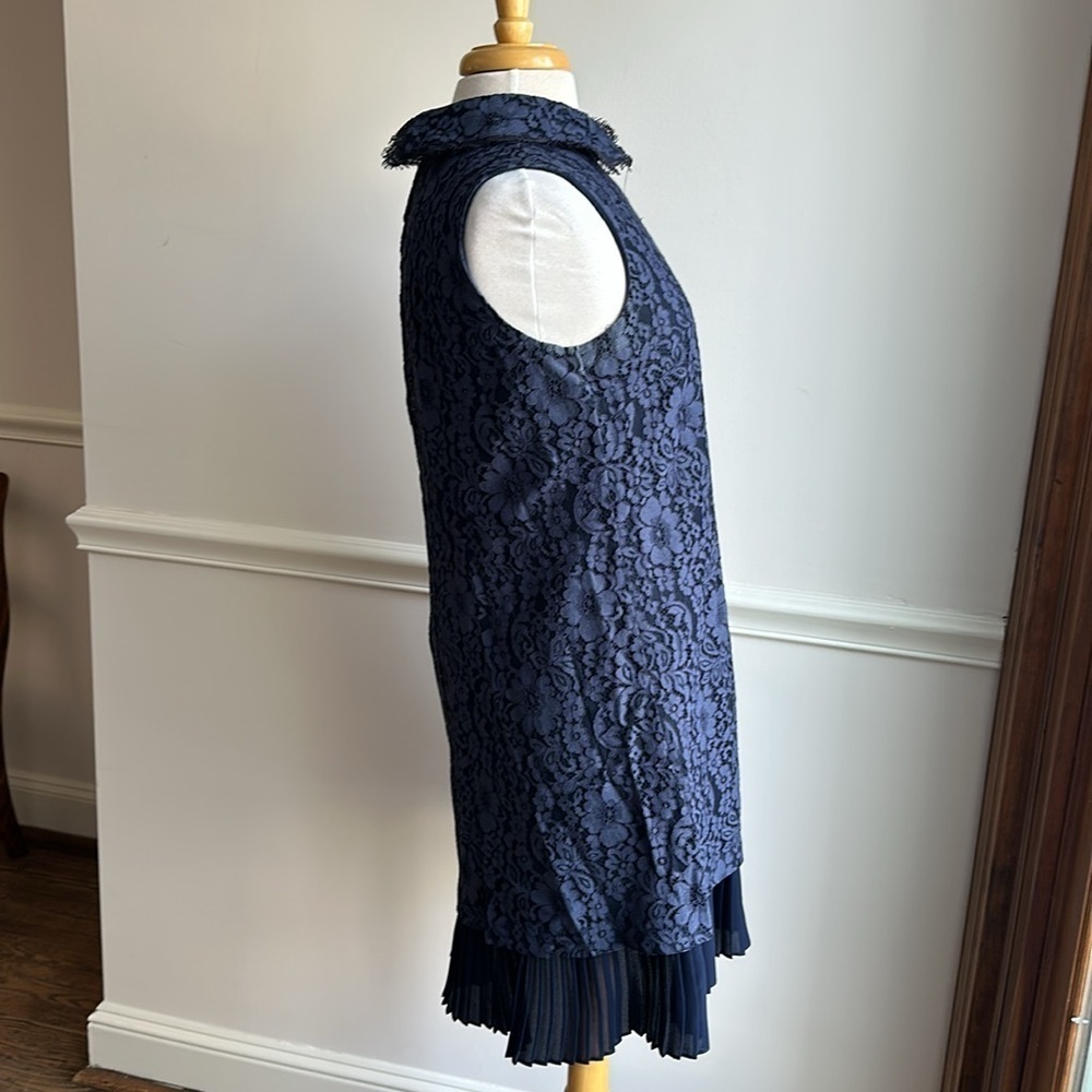Nanette Lepore Navy Blue Lace Collared Pleated Flounce Hem Shift Dress 6 EUC - Picture 5 of 8